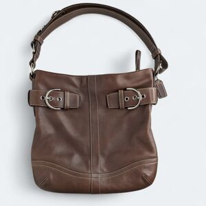 Vintage Coach Brown Leather Hobo Shoulder Bag Silver Buckle Hardware Two-way Y2K